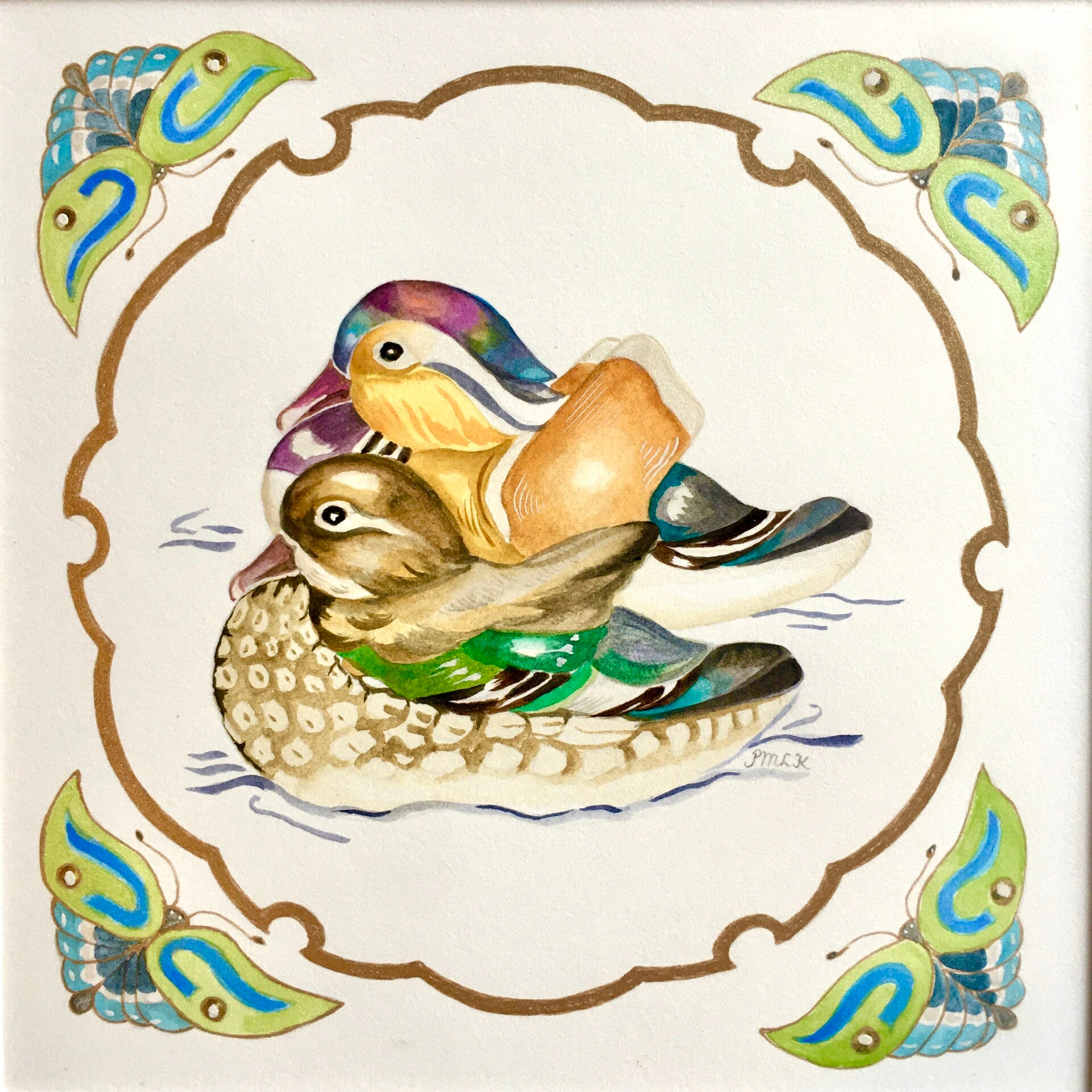 Elegant Mandarin Ducks with Butterflies (Mounted)