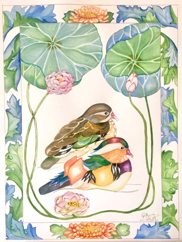 Mandarin Ducks under Lush Lotus (Gouache Painting)