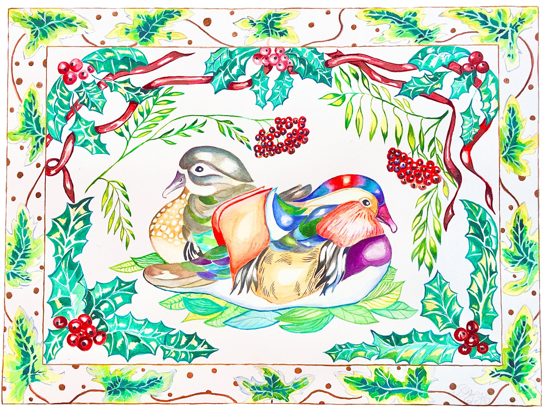 Midwinter Yule Christmas Evergreen Mandarin Ducks Gouache Painting