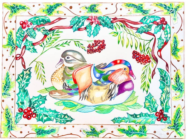 Midwinter Yule Christmas Evergreen Mandarin Ducks Gouache Painting