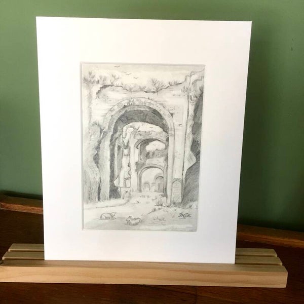 Arched Ruins: Original Graphite Drawing with Resting Sheep