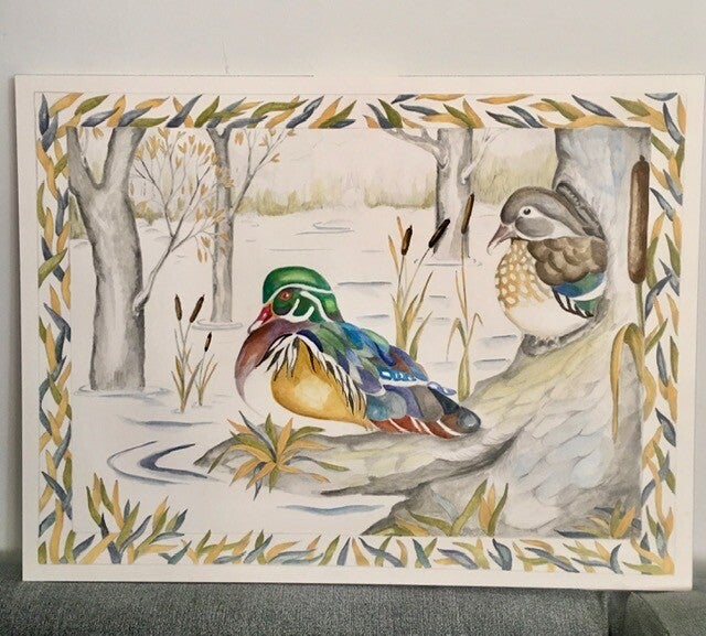 Wood Ducks Gouache Painting