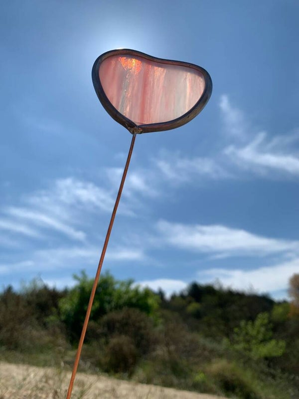 Glas in lood bloem - Hart op steel opaal roze