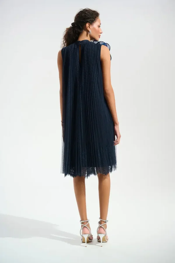 Joseph Ribkoff -  Mesh And Lace A-Line Dress With Organza Flower Detail - Midnight Blue