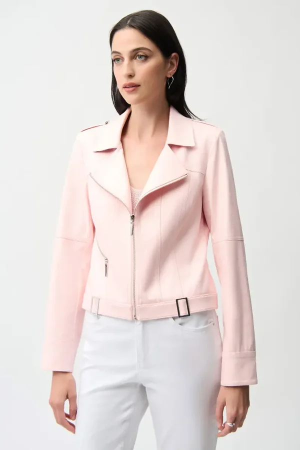 Joseph Ribkoff - Foiled Faux Suede Fitted Jacket with Decorative Buckles - Petal Pink