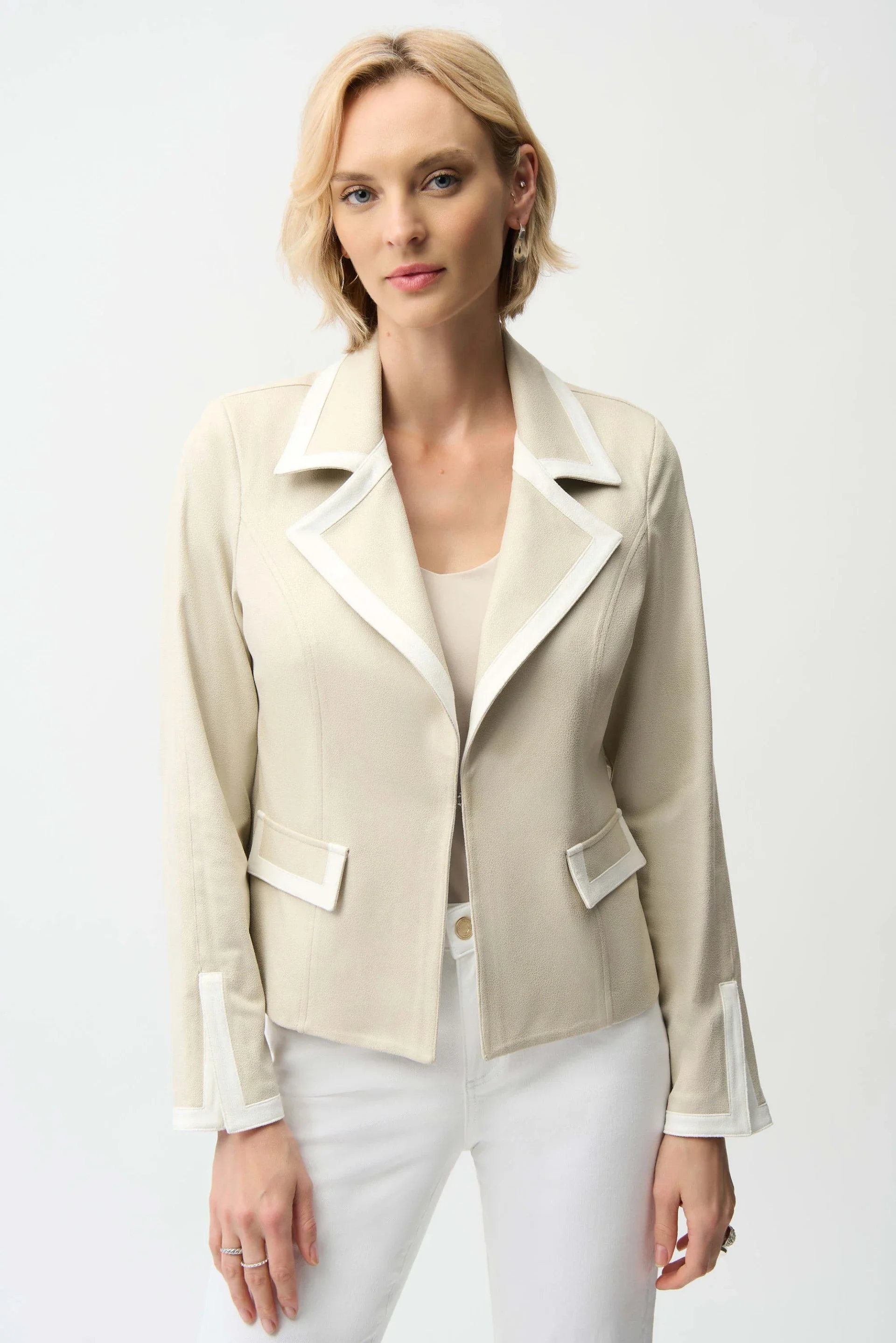 Joseph Ribkoff - Foiled Faux Suede Fitted Jacket with Contrast Binding - Moonstone/Vanilla