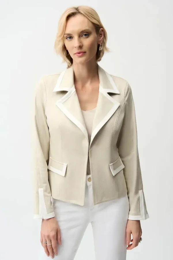 Joseph Ribkoff - Foiled Faux Suede Fitted Jacket with Contrast Binding - Moonstone/Vanilla