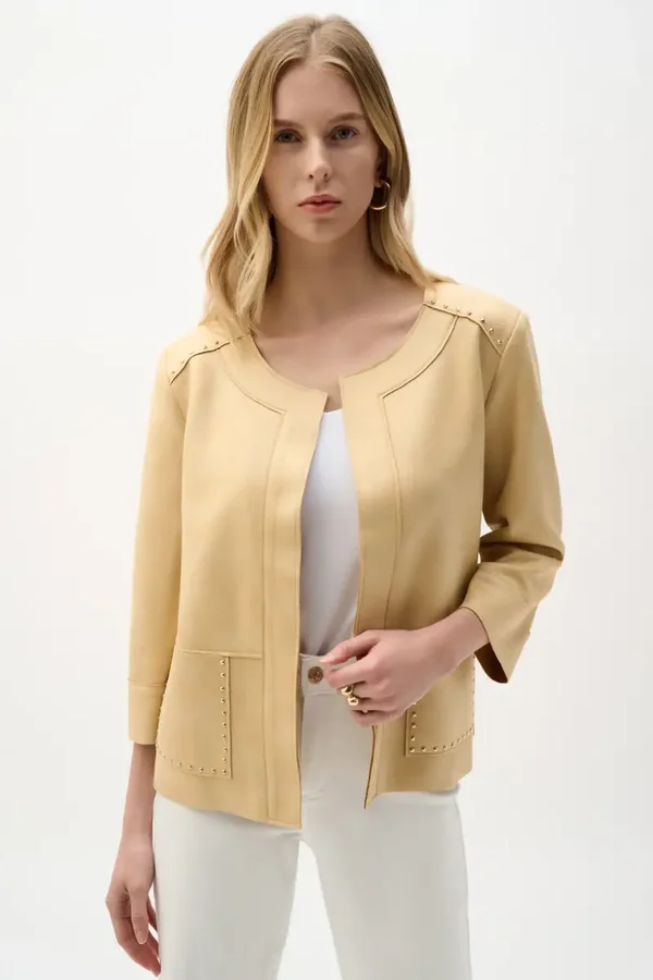 Joseph Ribkoff - Foiled Scuba Suede Boxy Jacket With Stud Details - Flax