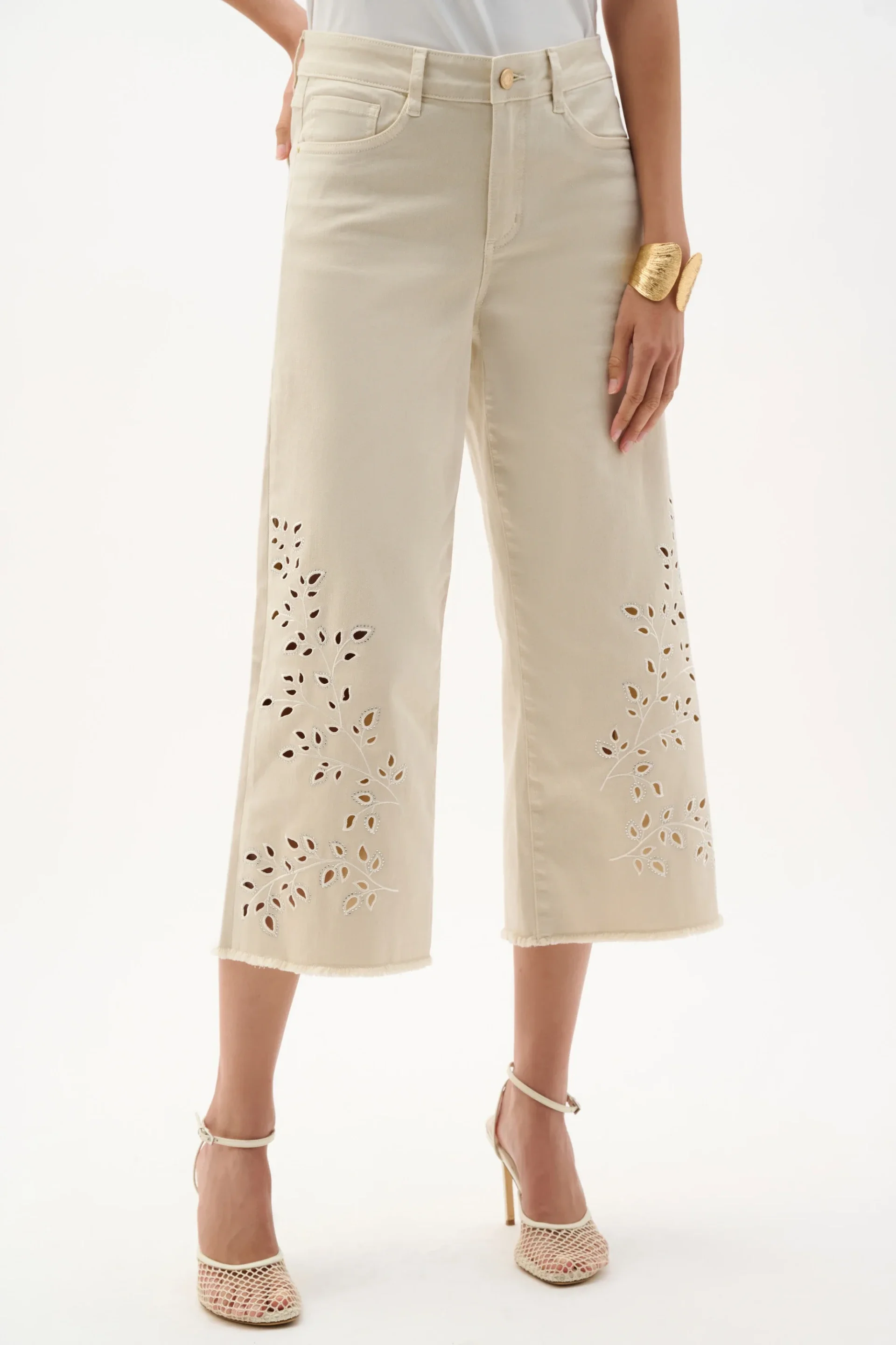 Joseph Ribkoff - Denim Wide Leg Crop Jeans With Embroidery - Greige
