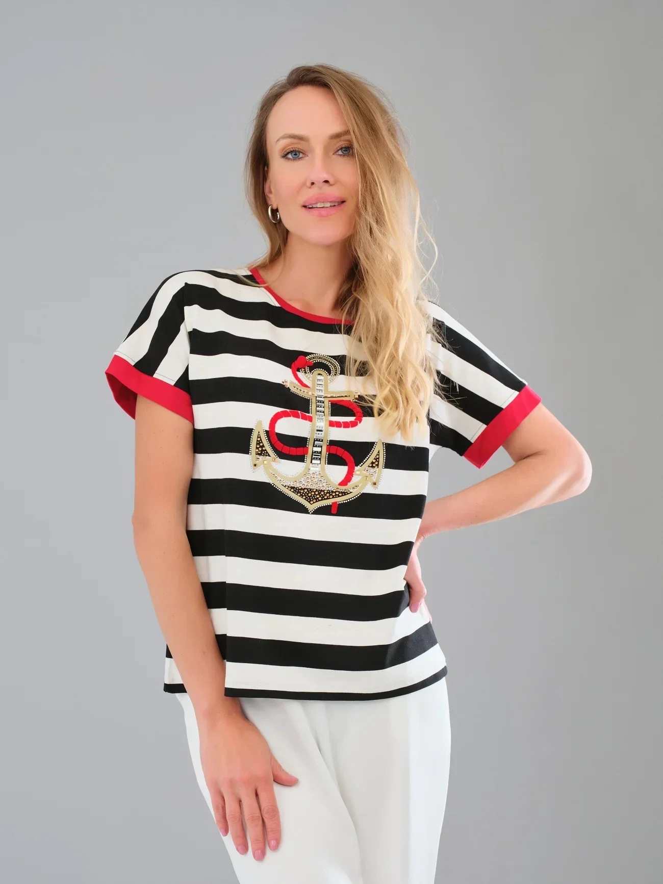 TRICOTTO - Premium Nautical T-shirt With Sequin Detail - Black & White