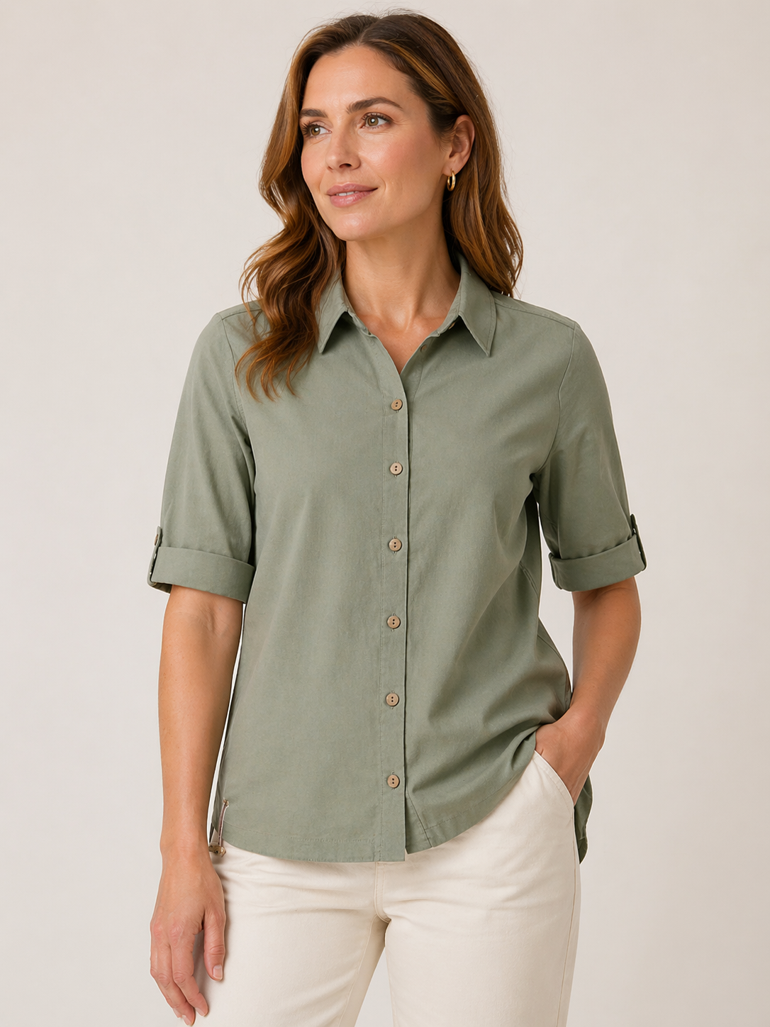 Dolcezza - Button Up Blouse with Cuffed Sleeves - Khaki