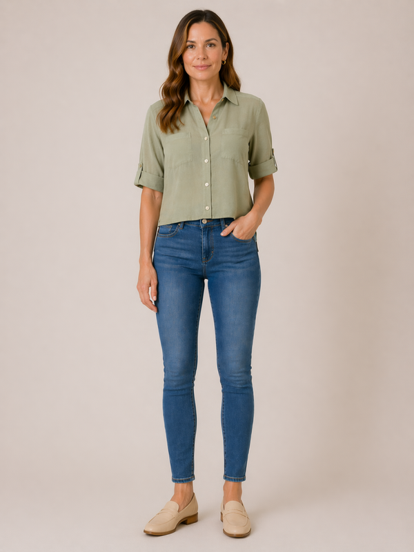 Dolcezza - Semi-Cropped Button-Up Blouse - Khaki