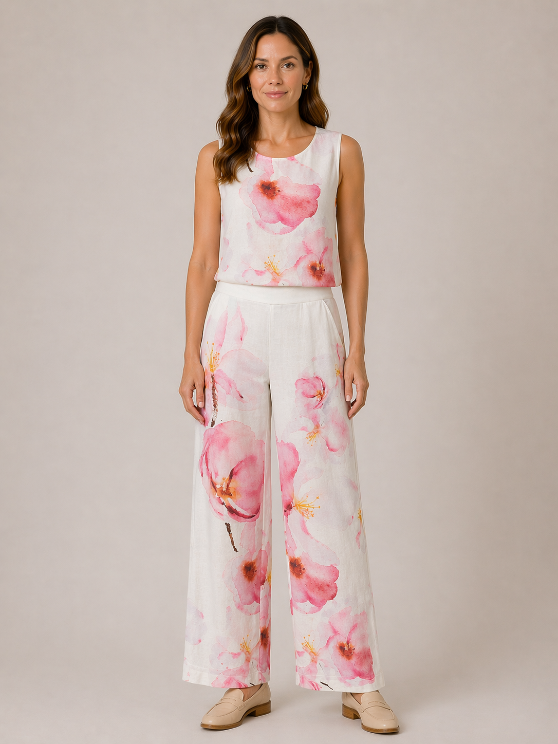 Dolcezza - Pink Floral Pattern Pants - White