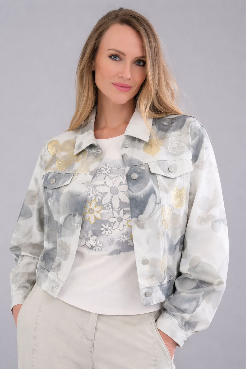 TRICOTTO - Floral Stretch Knit Jean Jacket - Grey Floral