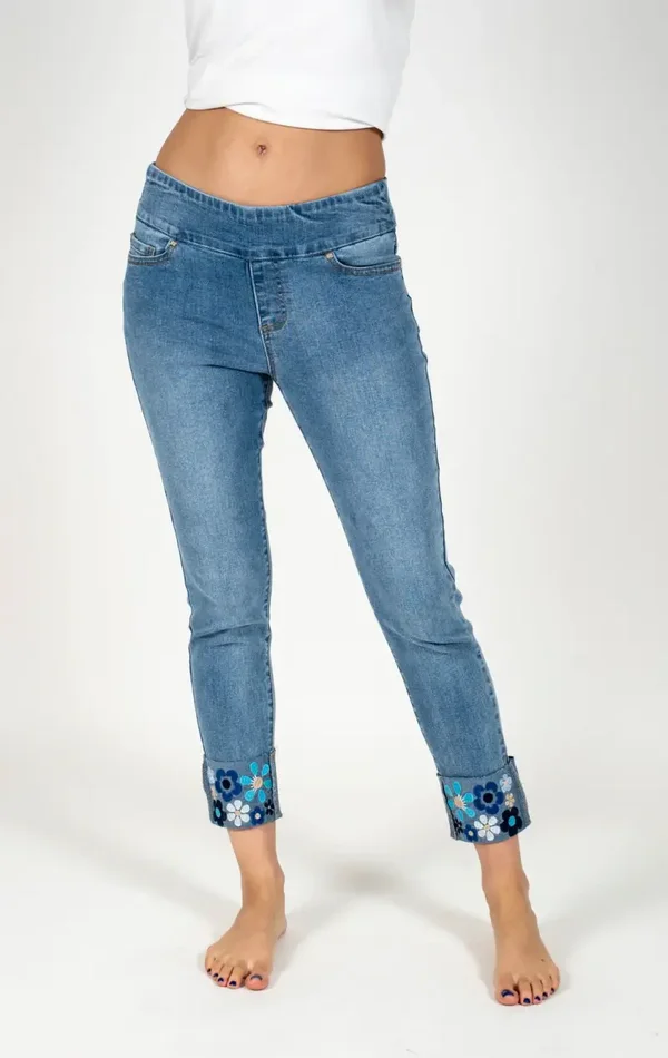 GG Jeans - Mid-Rise Slim Leg Pull-On Jean with Cuff Embroidery - Light Blue
