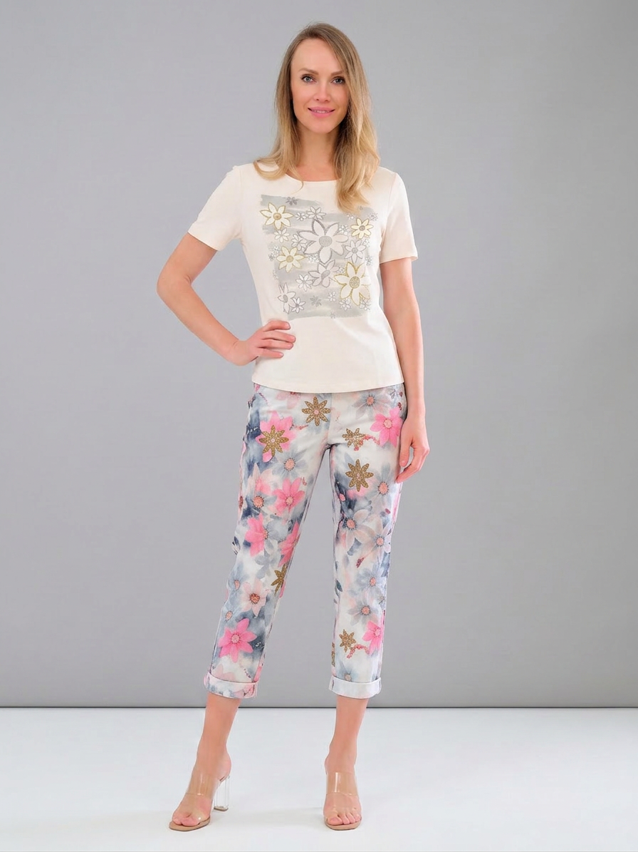 TRICOTTO - Floral Pattern Cuffed Pants - White/Pink