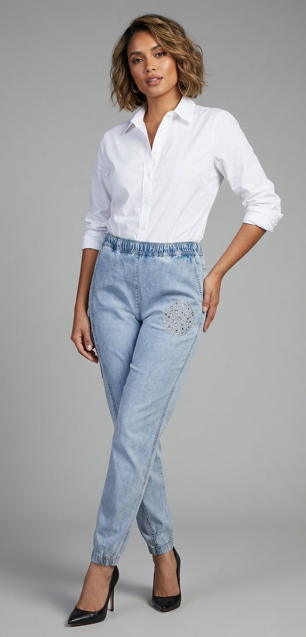 TRICOTTO - Denim Pants with Stretch Cuffs and Bedazzles - Denim Blue