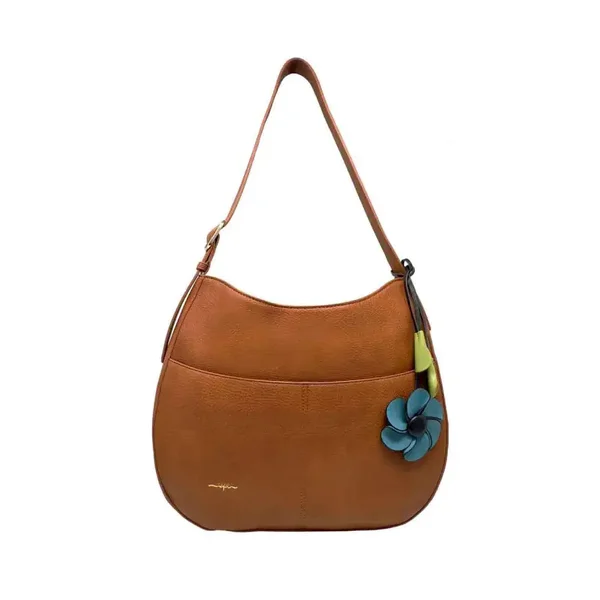 Espe - Shoulder Bag with Flower Accessory - Brown