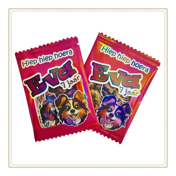 Gepersonaliseerde uitdeelzakjes met glitter hondenstickers.