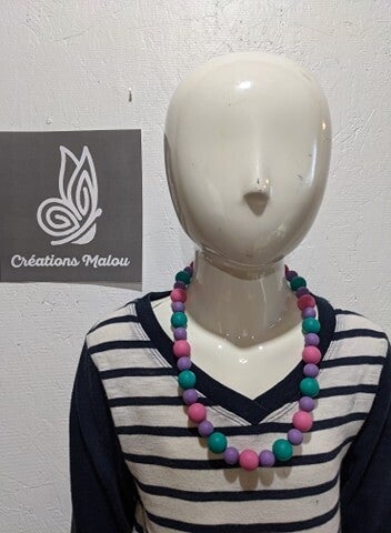 collier sensoriel vieux rose, vieux mauve, turquoise fonce