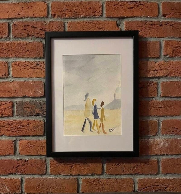 Original watercolour. Figures on the beach.