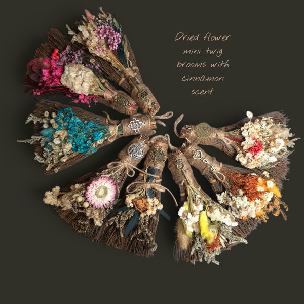 Cinnamon Mini Broom with Dried Florals & Charm Accent