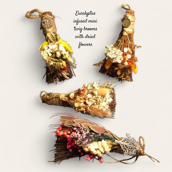 Eucalyptus infused mini twig brooms with dried flowers + charm