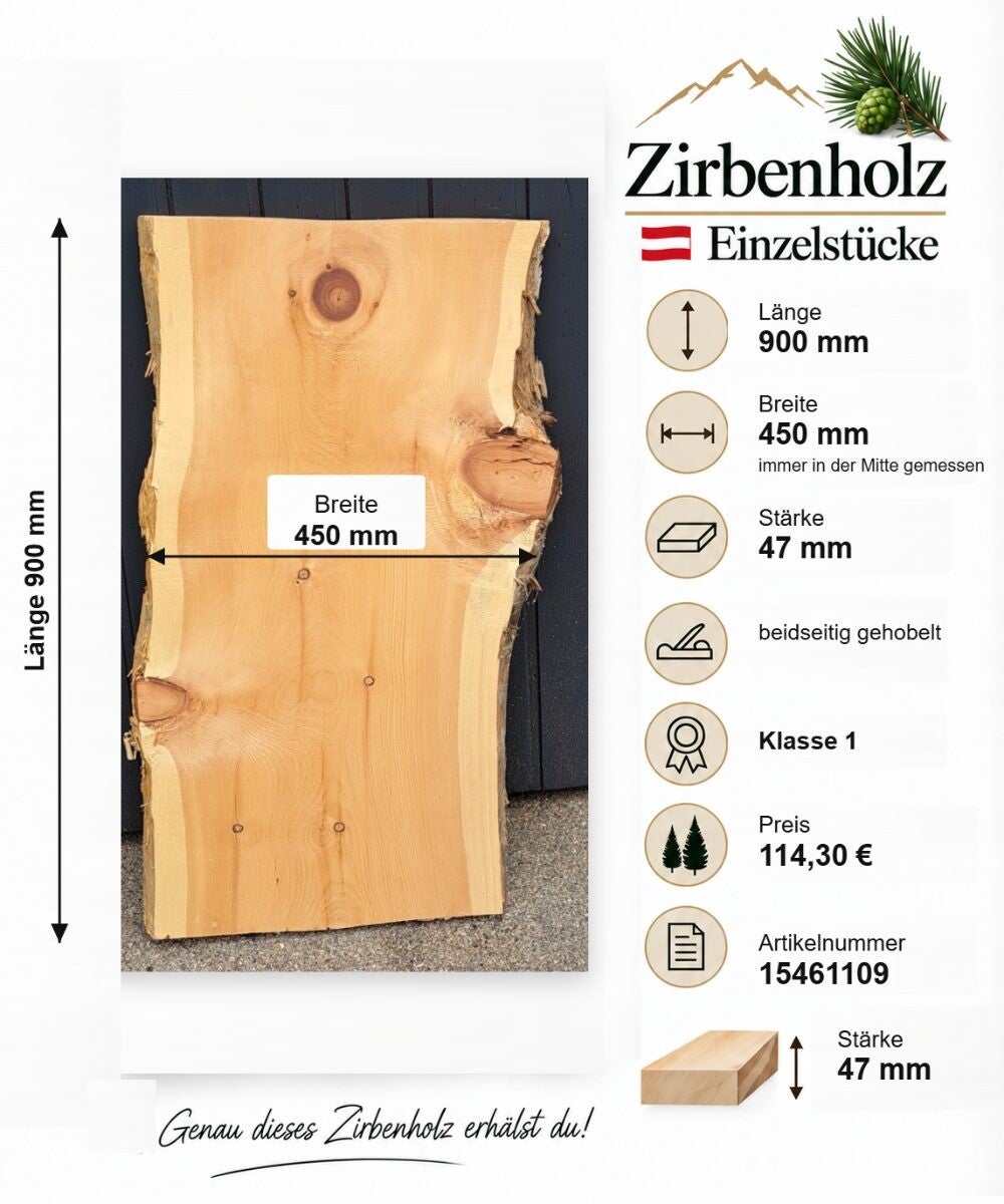 Zirbenholz Einzelstück 900 × 450 × 47 mm – Klasse 1
