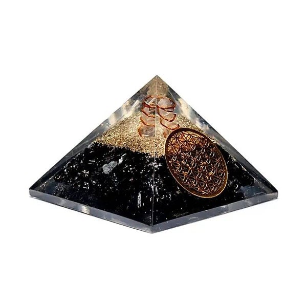 Toermalijn piramide met kristalpunt en bloem des levens 7 cm