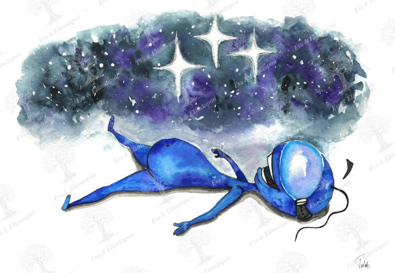 Blue Aliens Watercolor A3