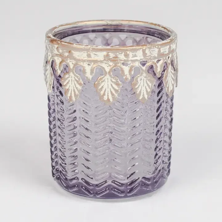 Vintage Purple Glass Candle Holder with Decorative Trim