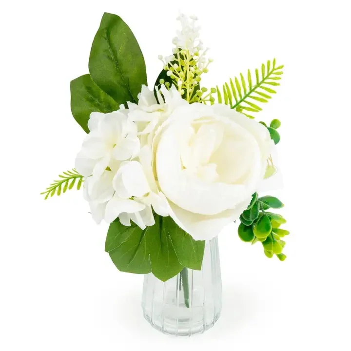 25cm White Rose and Hydrangea in Glass Vase