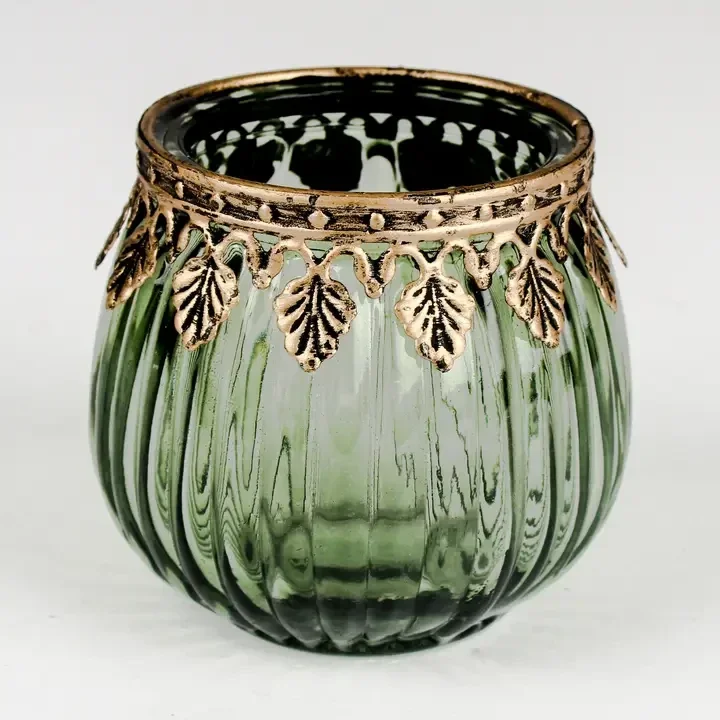 Ribbed Tea Light Candle Holder Green with Leaf Edge Small