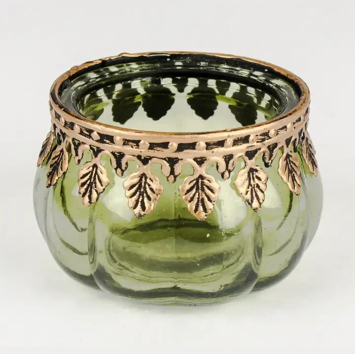 Glass Pumpkin Tea Light Candle Holder Green