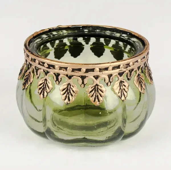 Glass Pumpkin Tea Light Candle Holder Green