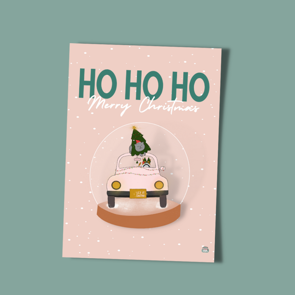 Ho Ho Ho / Kat met auto / Kerstkaart A6
