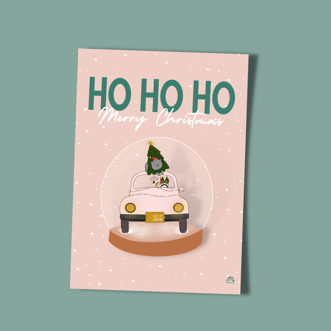 Ho Ho Ho / Kat met auto / Kerstkaart A6