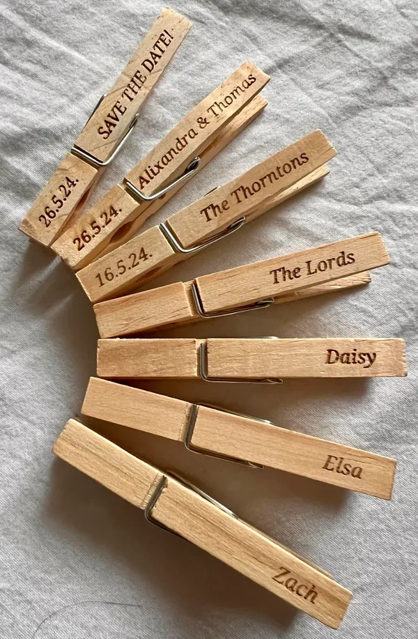 50 Personalised Engraved WOODEN PEGS - Any Text, Name, Occasion - Engagement, Wedding, Birthday, Anniversary, Party, Save the Date!