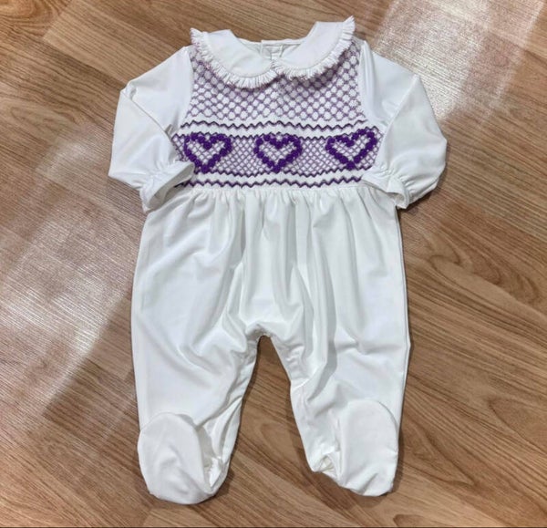 Girls smock baby grow purple heart