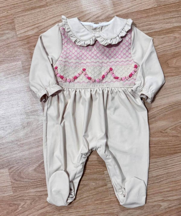 Girls smock baby grow biege