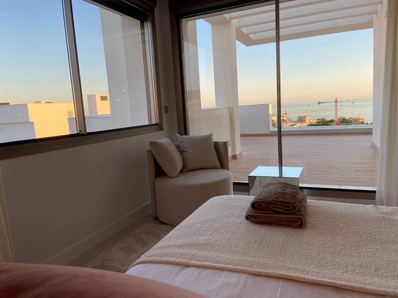 Master bedroom with curtains and blinds open