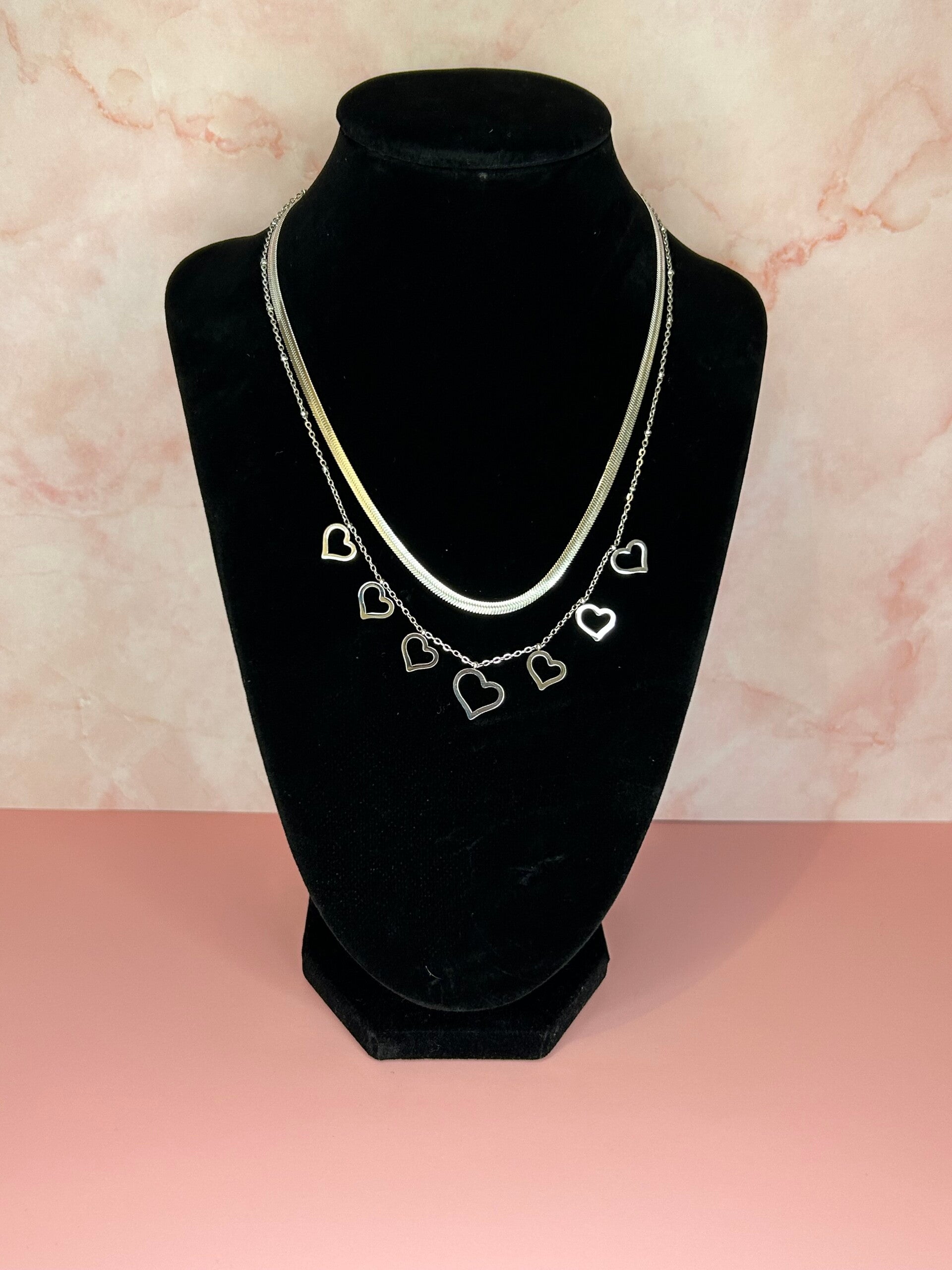 Ketting dubbel met hartjes (zilver)