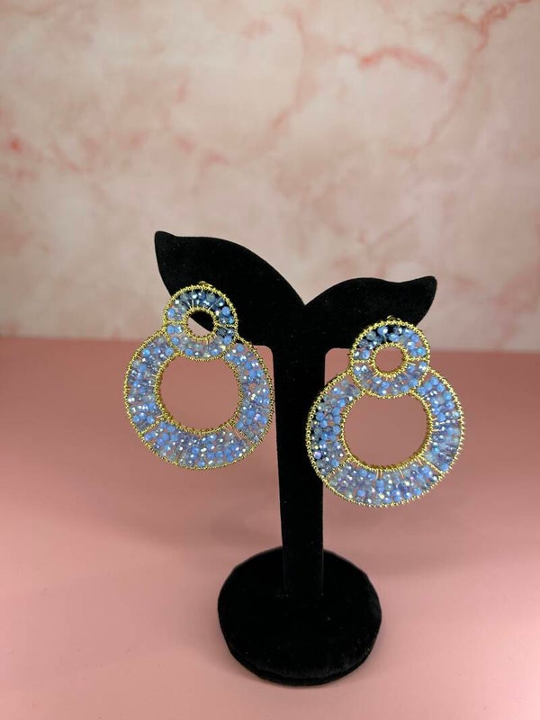 Kralenoorbellen dubbele ronde lichtblauw