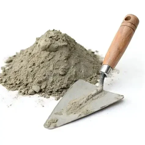 Metal trowel resting on a pile of mixed cement, ready for application.