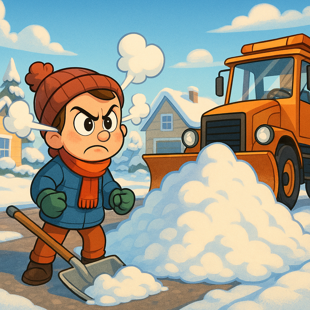 Windrow of snow being removed from the end of a residential driveway after a street plow passed