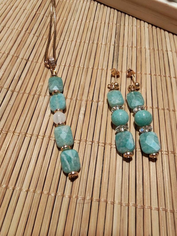 Pendentif Amazonite facettée 10mm avec chaine plaqué or - Boucles d'oreilles