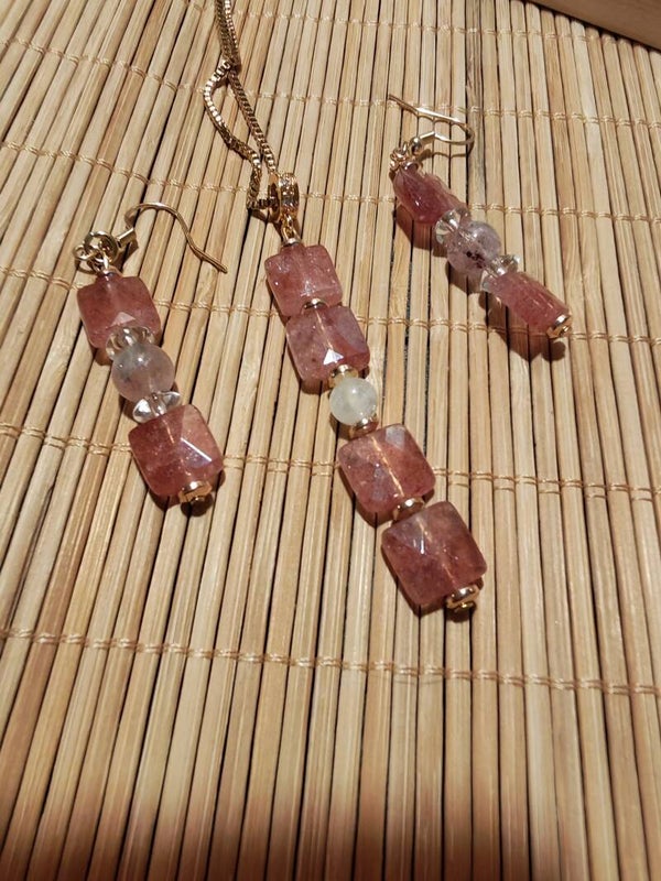 Pendentif Quartz fraise facetté 10mm chaine en plaqué or - Boucles d'oreilles