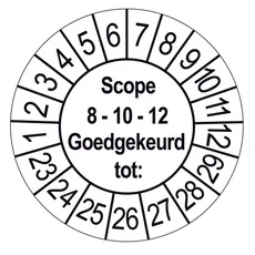 Keuringssticker met goedkeuringsdatum voor Scope 8-10-12, gebruikt bij technische inspecties door Werotech Techniek