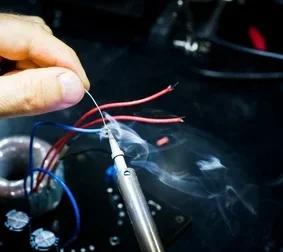 Precisie soldeerproces van elektrische draadverbinding met rookontwikkeling in industriële werkplaats bij Werotech Techniek