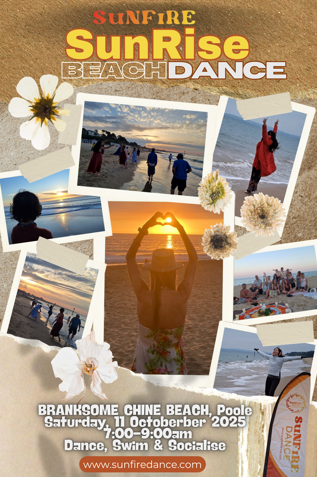 SunFire Sunrise poster advertising dancing at Branksome Chine Beach in Poole on Saturdays from 7am to 9am. Collage of dancers having fun dancing on the beach in framed photographs with flowers overlapping the photographs, some showing the sunrise over sea
